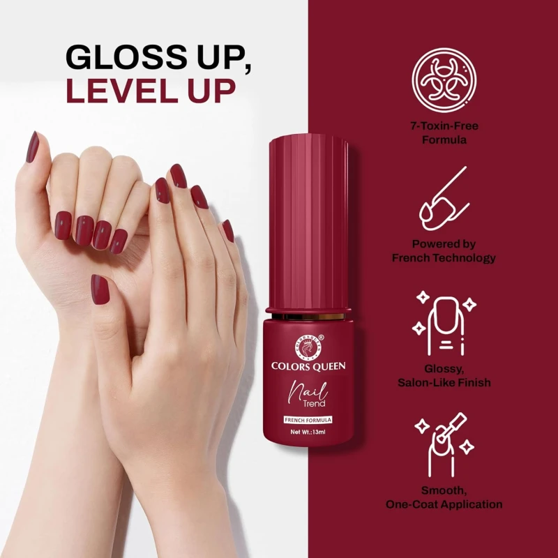 Colors Queen Nail Trend Glossy Nail Polish | Chip Resisting & Quick Drying Nail Paint with High Shine | 7 Toxin Free Formula | Vegan & Cruelty Free | Long Lasting & Vibrant Nail Paint for Women (Claret Crumb, 13ml) thumbnail 3
